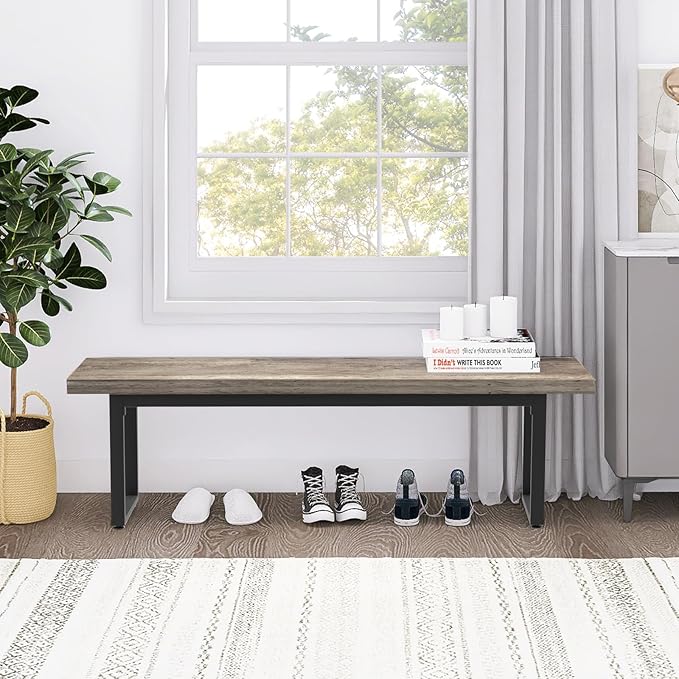 STHOUYN 59” Dining Bench Pair of 2 for 6-8 Person, Farmhouse Indoor Kitchen Table Benches, Bed Bench, Industrial Shoe Bench (Grey 2pcs)