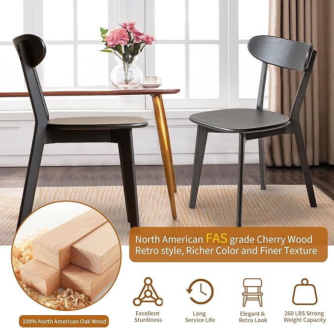 Modern Dining Chairs Set of 2, Solid Oak Wood Dining Chair with Comfortable Backrest, Sturdy Wooden Chairs for Kitchen, Dining Room, Black