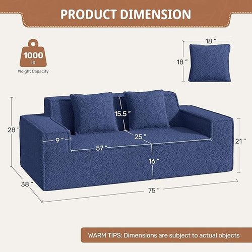 75'' Cloud Loveseat Sofa, No Assembly Required Comfy Deep Seat Teddy Couches 1 pcs for Living Room, Bedroom, Apartment(Teddy Fabric-Blue)