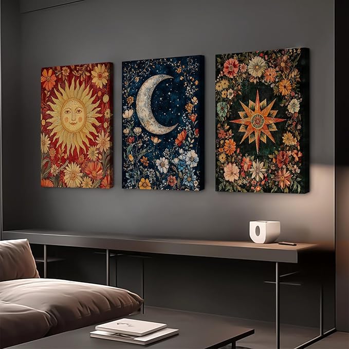 Moon Sun Star Celestial Wall Art Tarot Card Vintage Poster Decor Gothic Witchy Aesthetic Canvas Wall Art Flower Mystical Astrology Painting Dark Academia Poster for Bedroom 12x16x3 Inch Wrapped Canvas