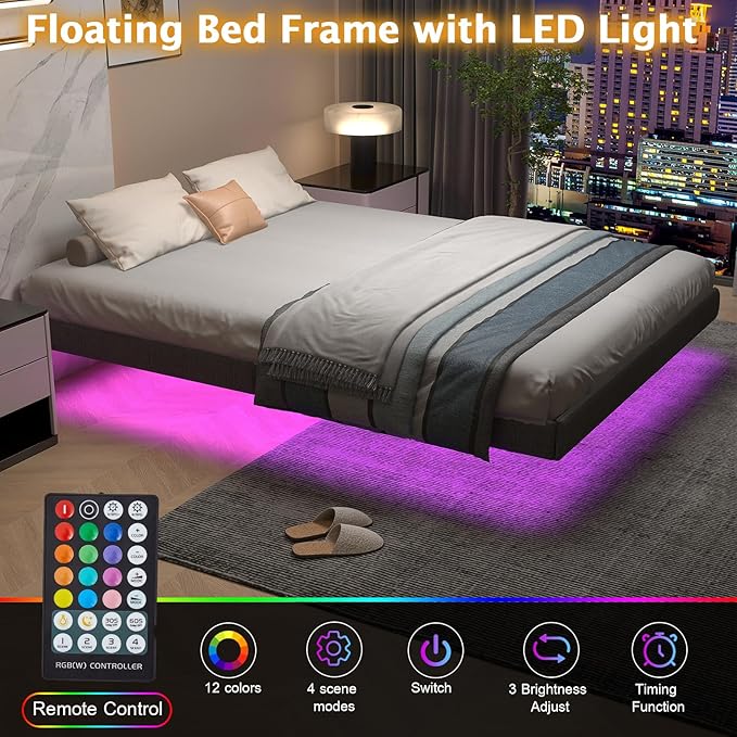 Floating Bed Frame King with LED Lights, Metal Platform King size Floating Bed Frame with Under Bed Storage, Heavy Duty Steel Slats Support, No Box Spring Needed, Noise Free, Easy Assembly, Grey