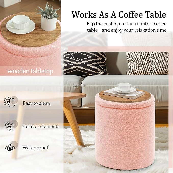 YSICK Round Ottoman with Storage, Set of 2, Small Vanity Stool as Vanity Chair, Sherpa Ottoman Foot Rest for Small Space, Living Room, Bedroom, Peach