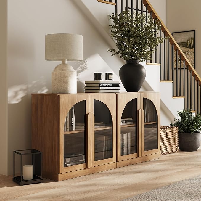 BELLEZE Set of 2 Modern Sideboard Buffet Cabinets (63" Wide) - Large Kitchen Credenza with 4 Arched Glass Doors - Seamless Storage Console Table for Dining Room, Living Room & TV Stand - Camel