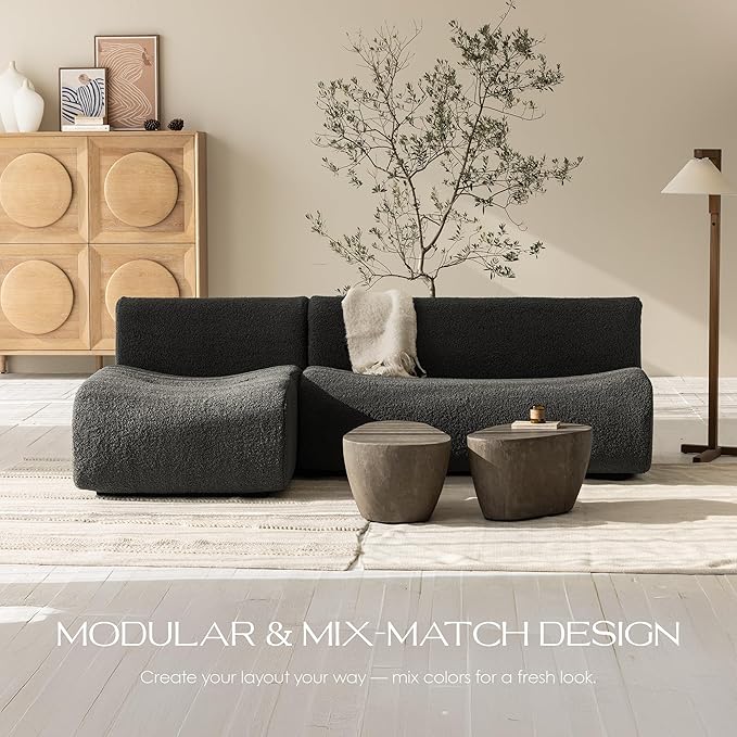 Boneless 3 Seater Sofa with Chaise Set, 92" Modular Sectional Couch, Reversible L-Shaped Couches with Deep Seat, Grey Curved Sherpa Sofas for Small Living Room, Bedroom, Apartment– No Assembly