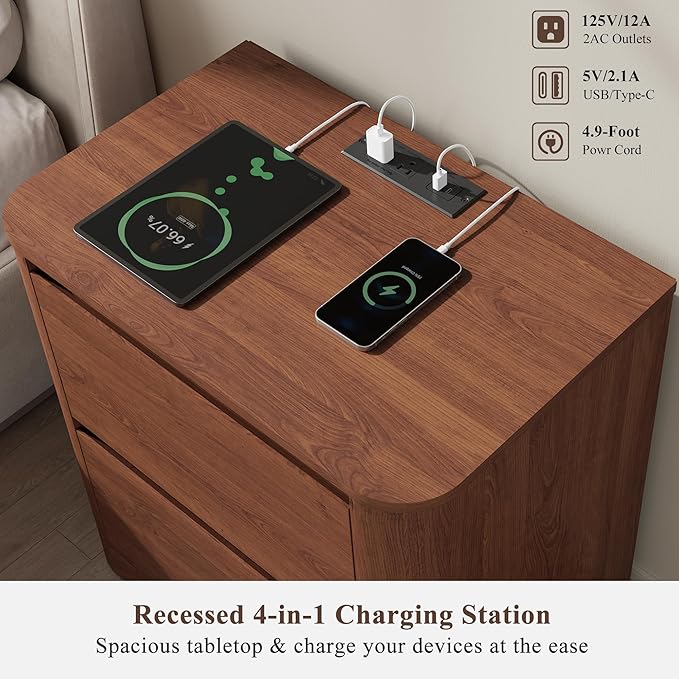 Walnut Nightstand with Charging Station, 23.6" Modern Night Stand with Unique Thickened Foot and 2 Storage Drawers, Bedside Table with Rounded Corner Design for Bedroom