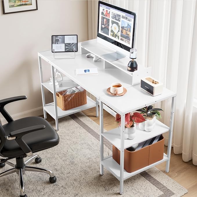 MINOSYS Computer Desk 55-inch with Storage Shelf - White Ideal Gaming Desk for Bedrooms, Small Spaces, and Home Offices Modern Writing Desk for PCs.