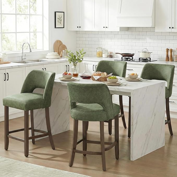 VKNOW 26" Bar Stools Set of 6, Faux Leather Counter Height Bar Stools with Backrest and Rubberwood Legs, Upholstered Barstools for Kitchen Island, Bar and Dining Room, Green