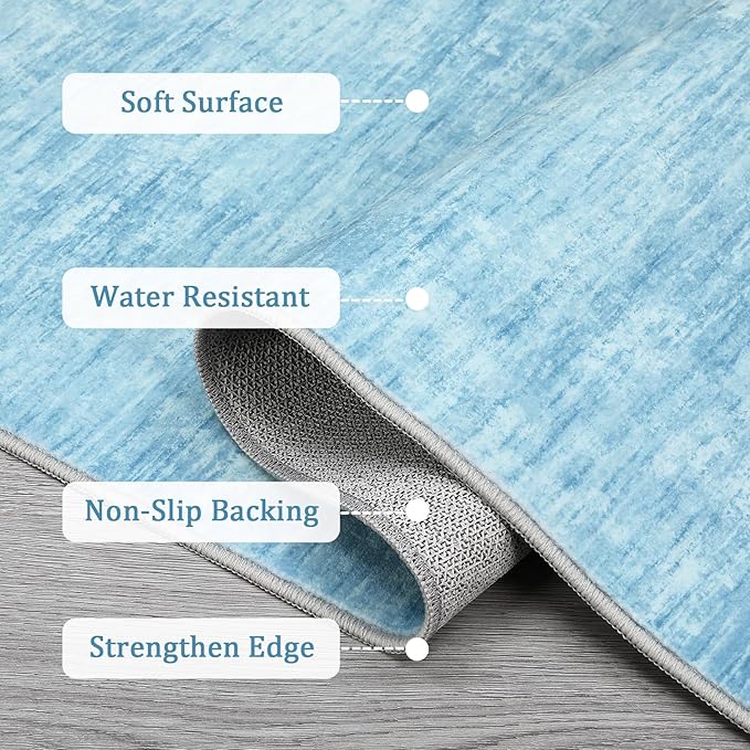 RUGSREAL Bedroom Area Rug 4x6 Modern Abstract Area Rug Stain Resistant Small Living Room Rug Contemporary Dining Room Rug Non-Slip Solid Rug Aesthetic Accent Floor Carpet for Kitchen Office, Blue