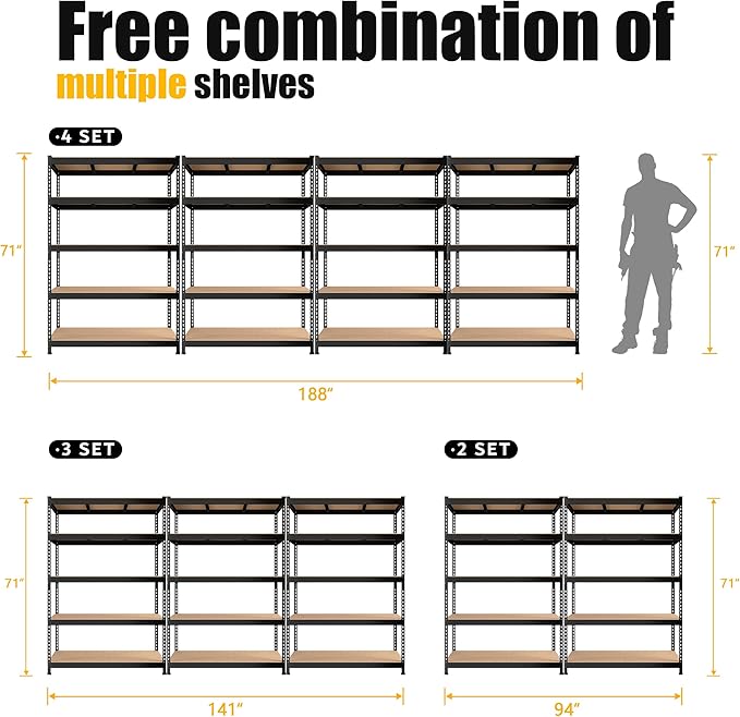 PrimeZone 8 Pack Heavy Duty Storage Shelves - 47"W x 18"D x 71"H 5 Tier Adjustable Garage Storage Shelving, Metal Utility Rack Organizer Shelf Unit for Warehouse Pantry Closet Kitchen Basement, Black