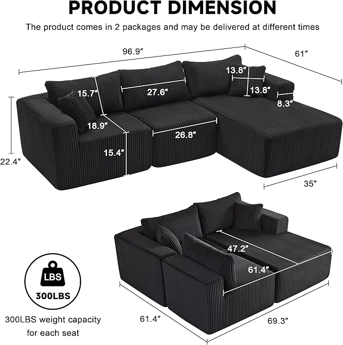 Weture 97" Modular Sectional Sofa, L-Shaped Boneless Couch with Deep Seat, Cozy Cloud Couch Sectional with Convertible Ottoman, Modern Sectional Couches for Living Room（ Black）