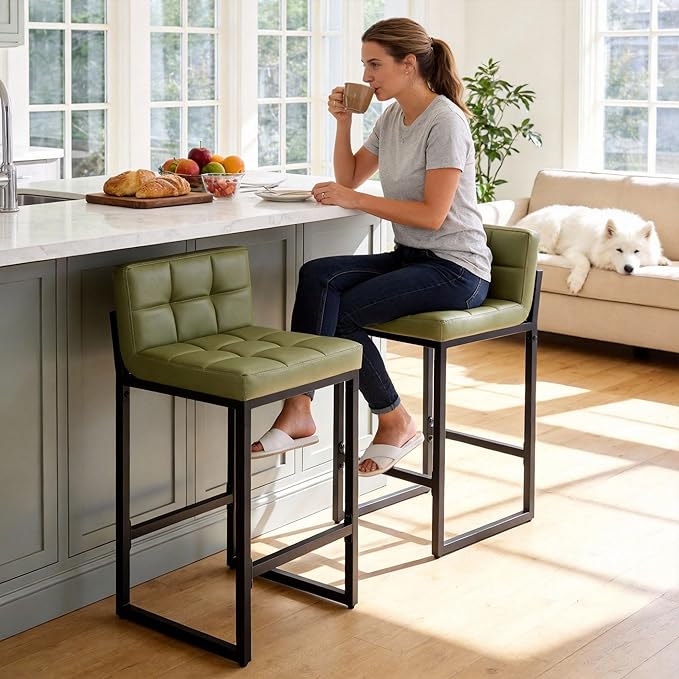 FIRAVOE Counter Height Bar Stools Set of 2, Modern Faux Leather Counter Stools with Low Back and Footrest, Upholstered Bar Chairs for Kitchen Island, Bar (Avocado Green, 2Pcs 26" Counter Stools)