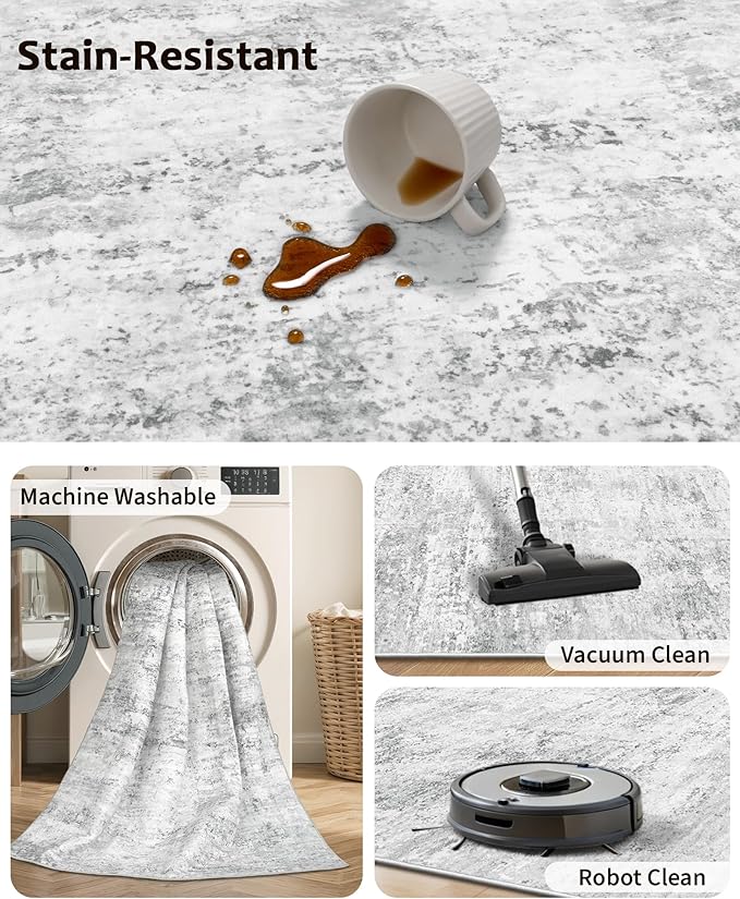 Art&Tuft Washable Rugs 8x10, Anti-Slip Backing Abstract 8x10 Area Rugs for Living Room, Stain Resistant Foldable Machine Washable Area Rug(8'x10', 01-Grey)