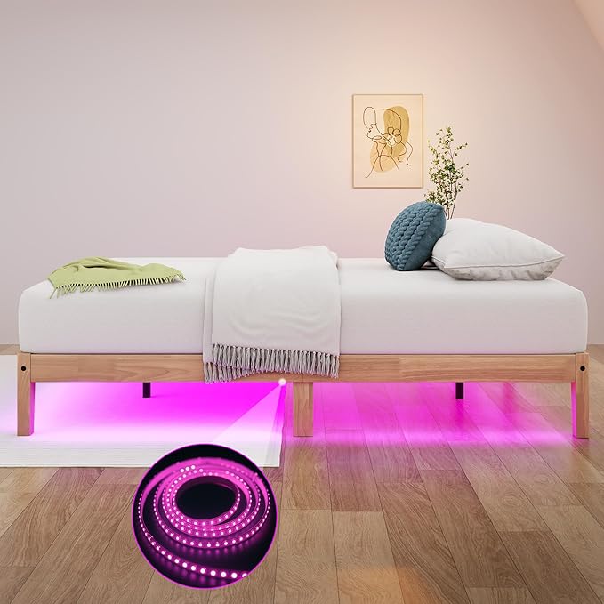Awesofurni Full Size Bed Frame with LED Lights, 12 Inch Solid Wood Platform Bed with Wooden Slats, Natural Finish, No Box Spring Needed, Noise Free - Easy Assembly