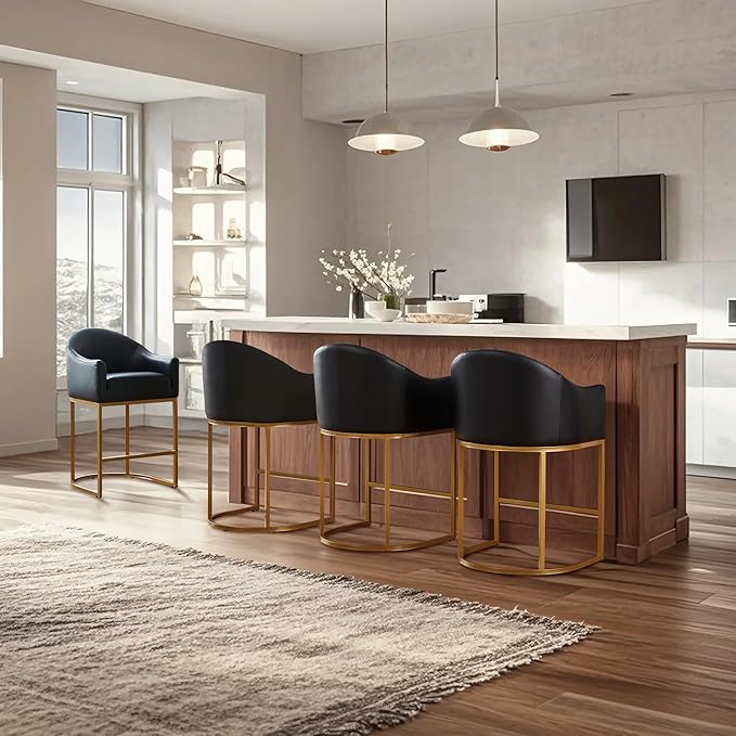 Counter Height Bar Stools Set of 4,Modern Counter Height Bar Stools,PU Leather Upholstered Barrel Barstools with Backs,26'' Kitchen Island Chairs,Metal Gold Frames,Ink Black Leather