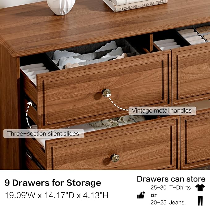 Chrangmay 9 Drawer Dresser,63" Wide Mid Century Chest of Drawers,Wooden Bedroom Drawer Dresser with 9 Storage Drawers for Bedroom,Living Room,with Anti-Tipping Device,Umber.