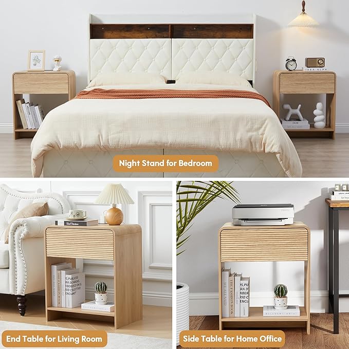 XUZENEST Fluted Nightstand with Charging Station, Mid Century Modern Bed Side Table End Table with Drawer Storage, Large Wooden Night Stands Bedside for Bedroom Living Room Sofa Office, Natural