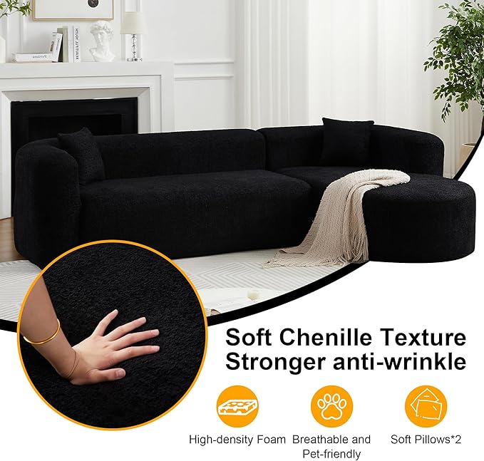 109.4" Sectional Couch with L-Shaped Chaise, Boneless Modular Sectional Sofa, Soft Chenille Sofa with Deep Seat for Living Room, No Assembly (Right-Facing Chaise, Black) | Breaathable Material