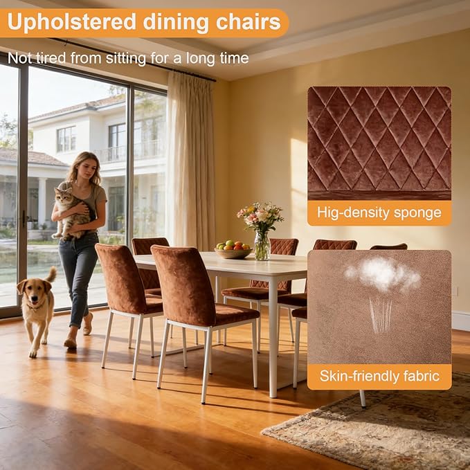 Dining Chairs Set of 2, Velvet Comfortable Seats, Mid-Century Modern Living Room Chairs, Upholstered Kitchen Chairs with Mental Legs and Padded Seat, Easy Assembly, Brown