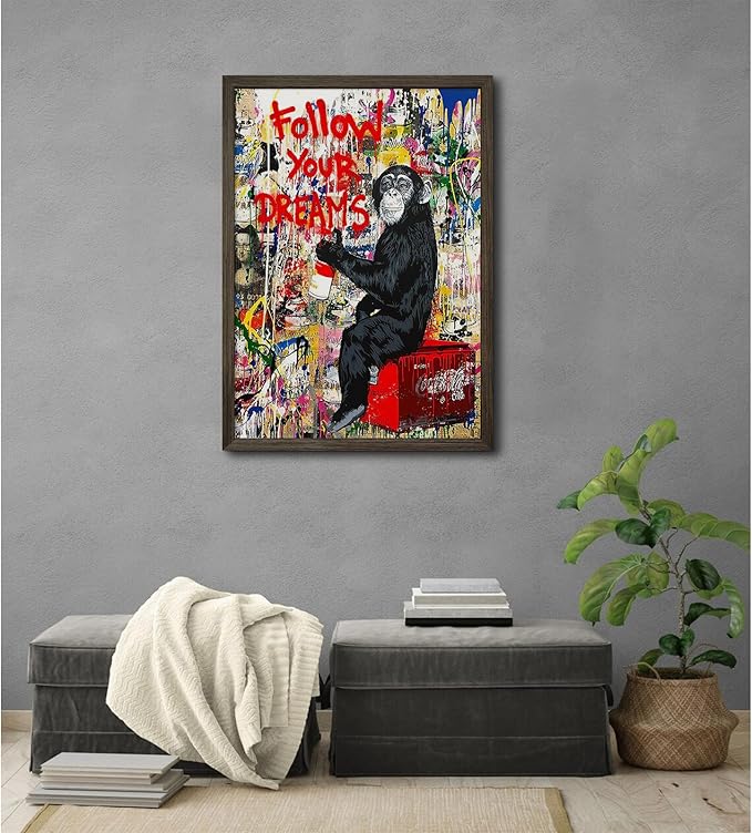 Banksy Canvas Wall Art Monkey Follow Your Dreams Street Graffiti Wall Art Banksy Prints Gorilla Poster Monkey Artwork Graffiti Pictures Painting for Home Living Room Decor 12x16 Inch Wood Framed