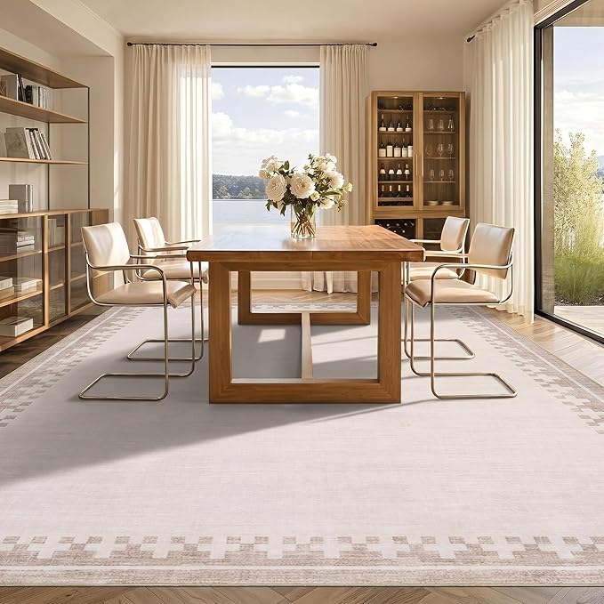 GarveeHome Large 10x13 Washable Rug Geometric Cross Bordered Non Slip Living Room Bedroom Rugs Modern Stain Resistant Low Pile Carpet for Dining Room Home Office Farmhouse, Light Beige/Seashell