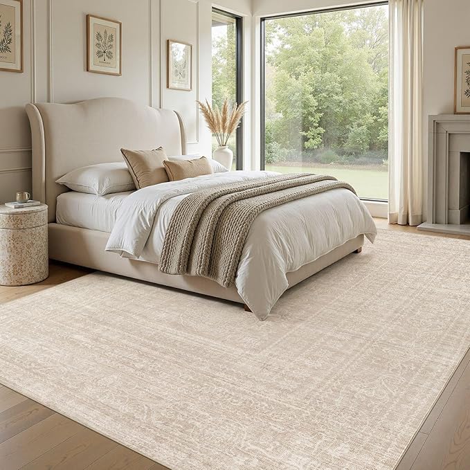7x9 Area Rug Living Room: Washable Large Vintage Beige Rugs Neutral Non-Slip Soft Stain Resistant Indoor Carpet for Bedroom Nursery Dining Room Under Table Bed Home House Office Playroom