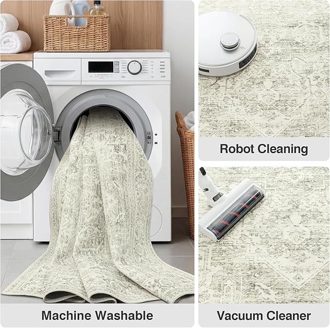 Fmfunctex 8x10 Washable Area Rug Green Neutral Distressed Oriental Vintage Large Non Slip Carpet for Living Room Bedroom Soft Low Pile Indoor Mat Retro Throw Rug for Dining Room Kitchen Office Nursery