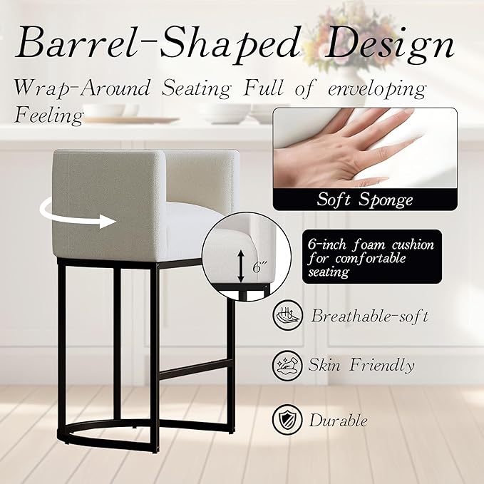 Modern Counter Height Bar Stools,Bar Stools Set of 1,Fabric Upholstered Barrel Barstools with Backs,26'' Kitchen Island Chairs,Metal Black Frames,Snowy White Linen