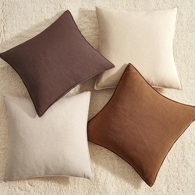 Solid Linen Neutral Brown Pillow Covers with Flange Design Pack of 4 Decorative Brown Throw Pillow Covers Soft Accent Boho Couch Pillowcases Farmhouse for Living Room Bed Sofa 16x16 Inch