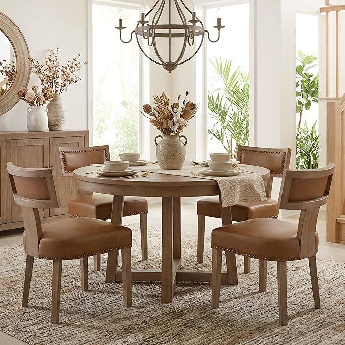 HNY Mid Century Modern Dining Chairs Set of 4, Farmhouse PU Leather Upholstered Accent Chairs Curved Nailhead Trim Backrest Kitchen Chairs, with Hardwood Frame, Brown