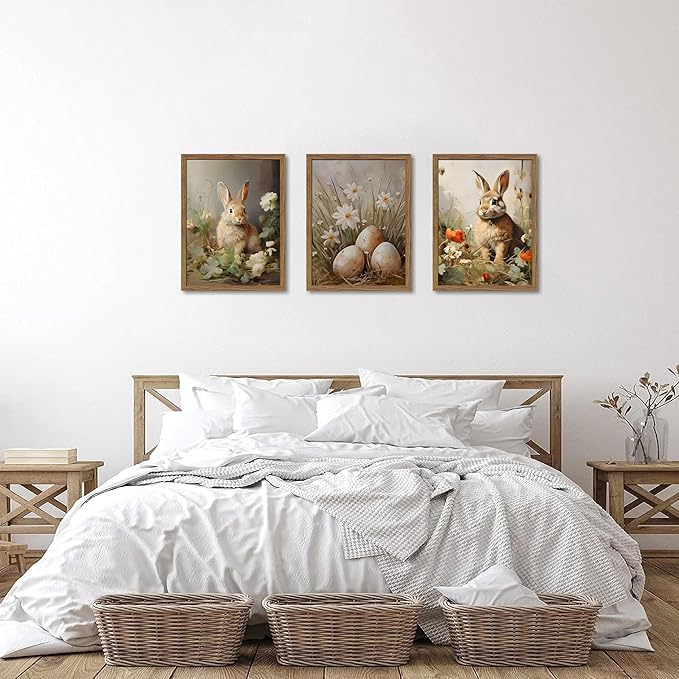 Vintage Easter Bunny Wall Art Set of 3, Spring Easter Rabbit Eggs Canvas Wall Decor Paintings, Rustic Farmhouse Animal Artwork Prints Pictures for Living Room Bedroom Bathroom 12x16 Inch Framed