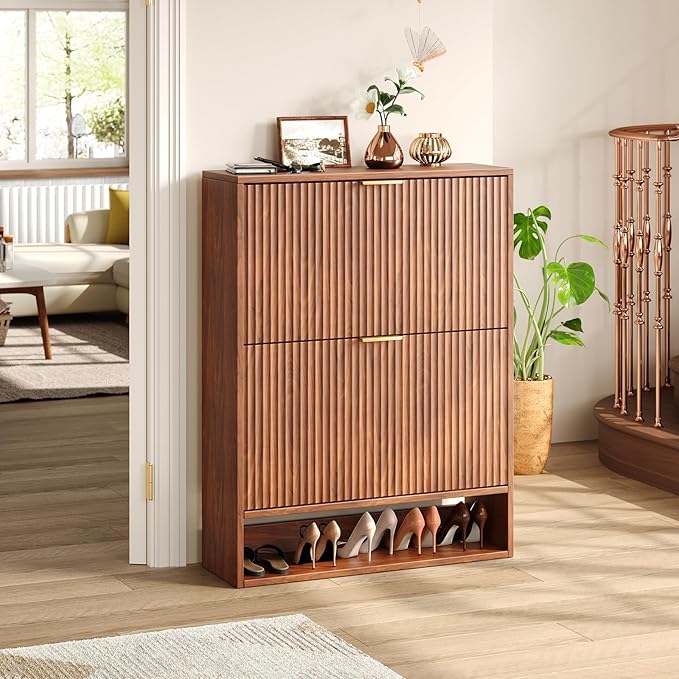Hootata 31.5''W Walnut Shoe Storage Cabinet for Entryway with 2 Flip Drawers, Narrow Wood Fluted Shoe Rack Cabinet,Freestanding Slim Shoe Organizer Cabinet for Foyer, Hallway