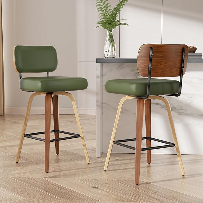 Swivel Bar Stools Set of 2, 26" Upholstered Faux Leather Counter Height Barstools with Walnut Back & Bentwood Legs, Mid Century Modern Bar Chairs Island Stools for Kitchen Counter, Green