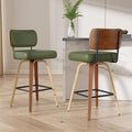 Swivel Bar Stools Set of 2, 26" Upholstered Faux Leather Counter Height Barstools with Walnut Back & Bentwood Legs, Mid Century Modern Bar Chairs Island Stools for Kitchen Counter, Green