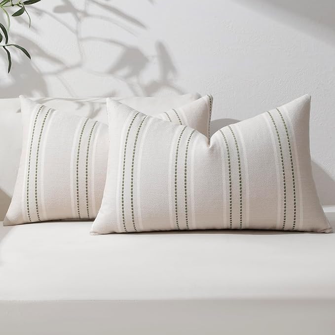 Hckot Throw Pillow Covers 12x20 Set of 2 Striped Pillow Covers Textured Linen Decorative Pillows Lumbar Cushion Covers for Sofa Couch Bed Living Room Farmhouse Decor, Sage Green