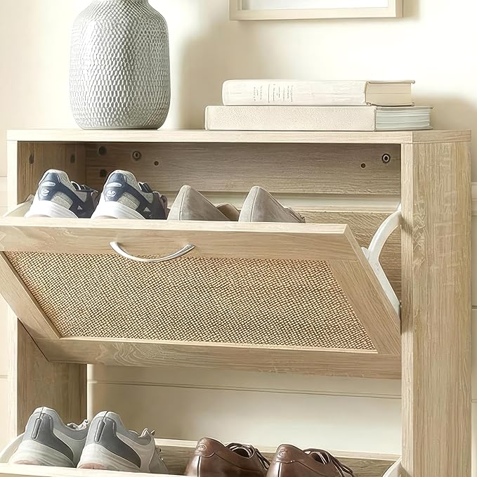 HOPUBUY Rattan Shoe Cabinet for Entryway, Narrow Shoe Storage Cabinet with 3 Flip Drawers, Hidden Shoe Cabinet Wood 3 Tier Slim Shoe Rack for Home and Apartment, Nature | Shoe Storage Cabinet, Hidden, Shoe Cabinet Wood, Slim, Shoe Rack