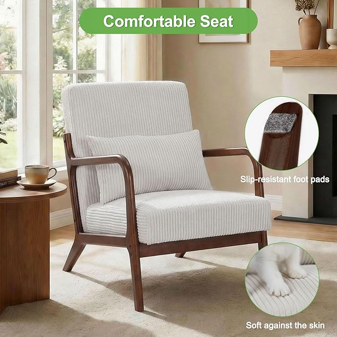 Set of 2 Mid Century Modern Accent Chair with Solid Rubberwood Frame, Comfy Corduroy Reading Armchair with Lumbar Pillow, Compact Lounge Chair for Bedroom, Living Room & Small Spaces