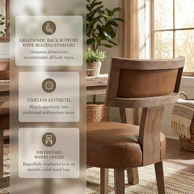 HNY Mid Century Modern Dining Chairs Set of 6, Farmhouse PU Leather Upholstered Accent Chairs Curved Nailhead Trim Backrest Kitchen Chairs, with Hardwood Frame, Brown