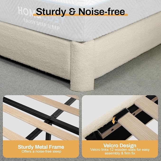 WEUP Full Size Boucle Bed Frame, Upholstered Cloud Bed Frame with Headboard, Soft Rounded Corners, No Box Spring Required, Adjustable Headboard, Easy Assembly