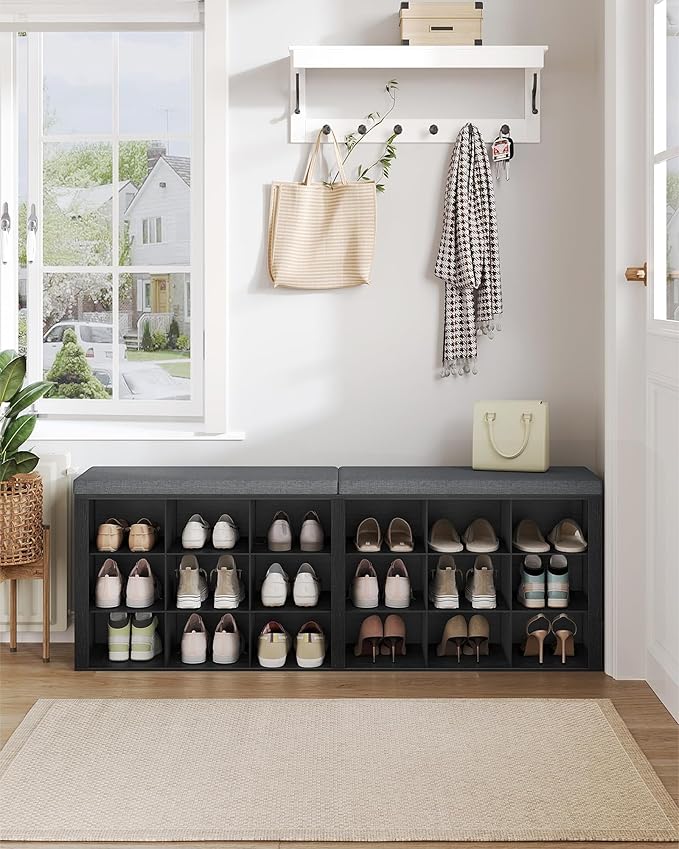 Hzuaneri Shoe Storage Bench with Cushion, Entryway Storage Bench with 18 Cubbies, 9.5" Widened Organizer Cabinet, Long Cubby Rack for Living Room, Bedroom, Entryway, Black SB25704GY