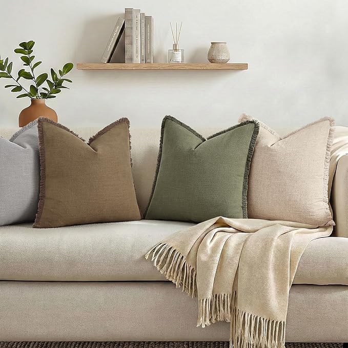 decorUhome Summer Decorative Neutral Linen Fringe Euro Sham Throw Pillow Covers Set of 2 Light Brown Pillow Covers with Tassels Soft Farmhouse Boho Accent Pillow Cases for Couch Bed Sofa 22x22 Inch