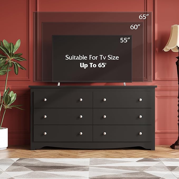 WLIVE Black Wooden Dresser for Bedroom, 6 Drawers Chest of Drawers, 59" Wide Modern Dresser Closet Storage Organizer for Living Room Hallway