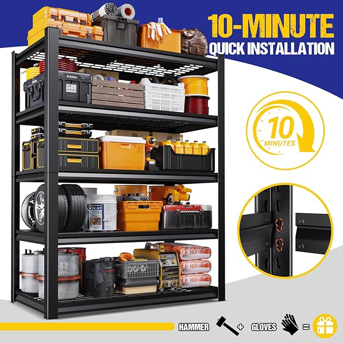 78" H Garage Shelving Heavy Duty Storage Shelves, 5-Tier Adjustable Metal Shelving Unit, Utility Garage Organizer Shelf for Basement, Pantry, Warehouse, Supermarket, 45.6" W x 19.7" D x 78" H