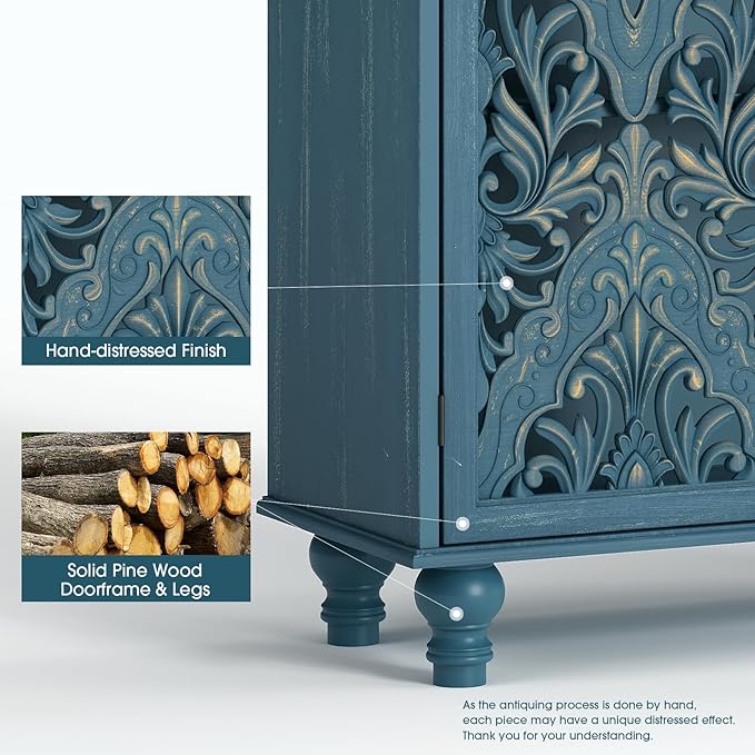 JOINICE 47" Tall Accent Cabinet with Navy Blue Mandala Carved Doors, Solid Wood Legs Storage Cabinet with 100 lbs Capacity, Boho Farmhouse Sideboard Buffet for Entryway, Living Room & Coffee Bar