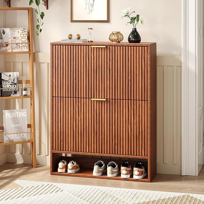 Hootata 31.5''W Walnut Shoe Storage Cabinet for Entryway with 2 Flip Drawers, Narrow Wood Fluted Shoe Rack Cabinet,Freestanding Slim Shoe Organizer Cabinet for Foyer, Hallway