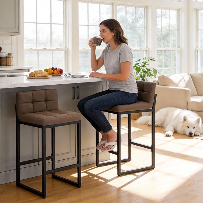 FIRAVOE Counter Height Bar Stools Set of 2, Modern Faux Leather Counter Stools with Low Back and Footrest, Upholstered Bar Chairs for Kitchen Island (Coffee Brown, 2Pcs 26" Counter Stools)
