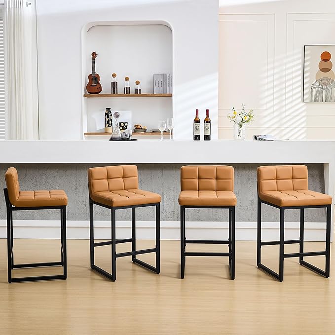 FIRAVOE Bar Height Stools Set of 4, PU Leather Barstools Modern Counter Stools with Back and Thickened Metal Legs, Bar Chairs for Kitchen Island (Caramel Brown, 4Pcs 26" Counter Stools)
