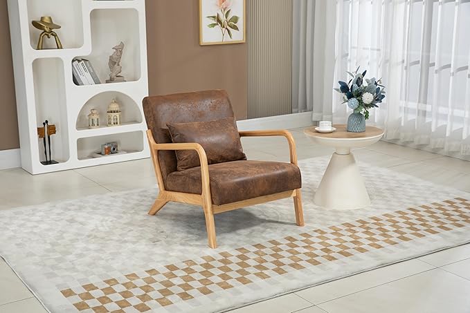 KEIKI Mid Century Modern Accent Chair Wood Frame, Cotton Linen Warm Lounge Armchair for Living Room Bedroom Reading Nook Small Space, Rustic Seat with Waist Cushion, Padded, Easy Setup, Antique Brown