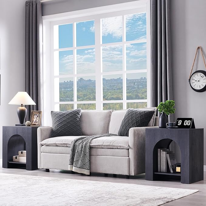 Arched End Table with Type-C Charging Station, 22" Modern Bedroom NightStand with Arched Open Shelf, Night Table with Outlet, USB, Type-C Port for Bedroom, Dark Grey