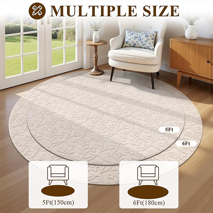 Vaukki Round Rug for Living Room, Soft Fluffy Washable Modern Floral Indoor Floor Mat, Non Slip Shaggy Boho Accent Throw Carpet for Bedroom, Living Room, Nursery and Dining Room, Beige, Round-5Ft