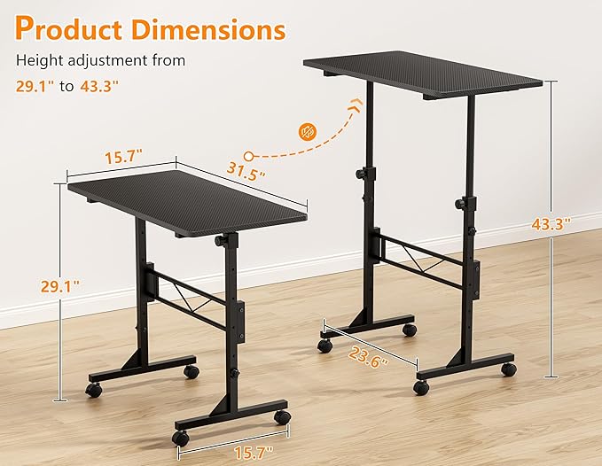 HOMIDEC Standing Desk, 32 Inch Portable Small Desk Adjustable Height, Rolling Home Office Desks with Wheels, Sit Stand Desk for Bedroom Walking Pad Home Office Small Space, Black